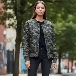 Gap Puffer Jacket Women's Full-Zip Quilted Snap Army Green Camouflage Sz Small